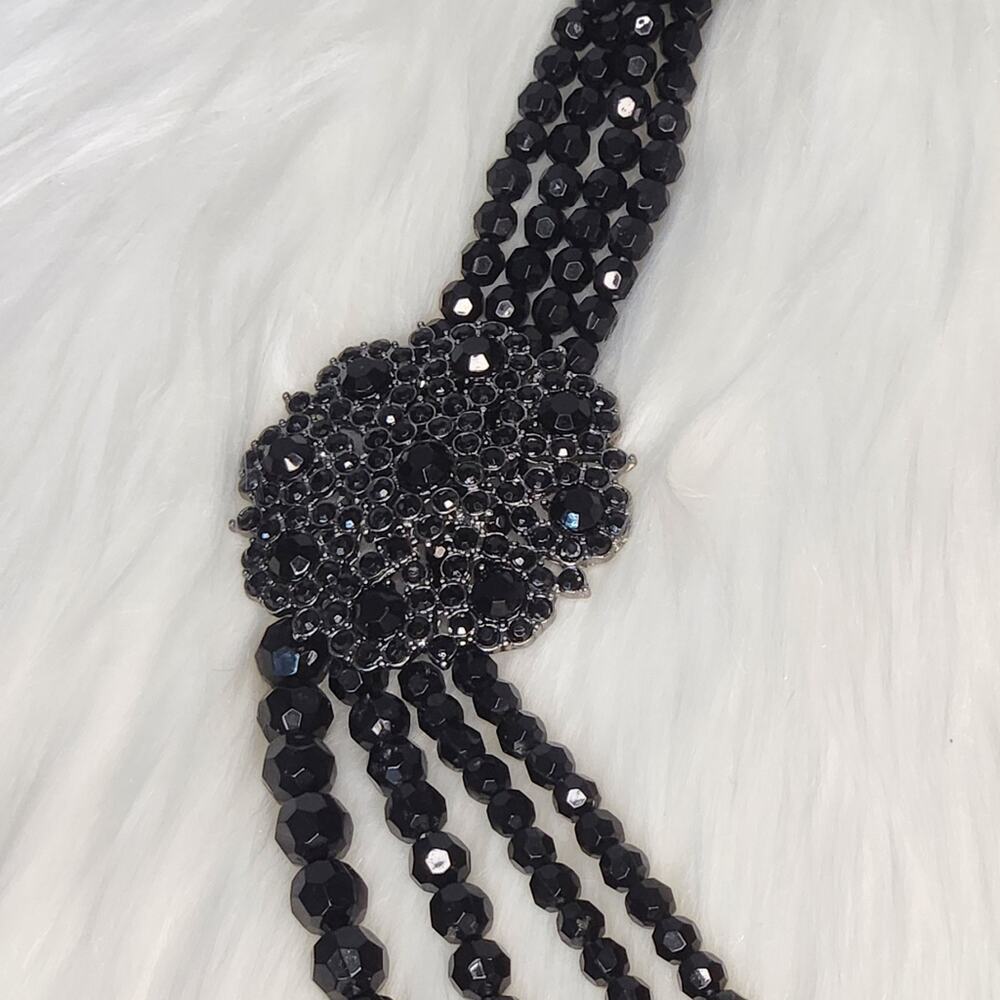 Vintage 4 Strand Black Faceted Bead Necklace Large Flower Pendant Coquette Noir - Picture 3 of 6